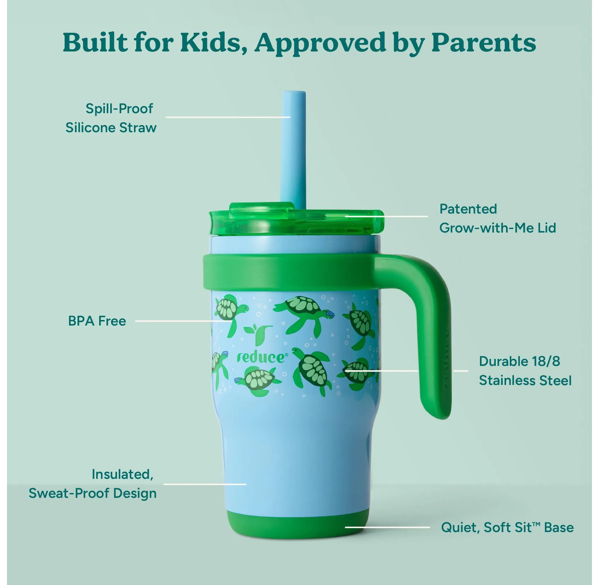 14oz Coldee Vacuum Insulated Stainless Steel Straw Tumbler Scuba Turtles: Kids Leakproof & Spillproof Drinkware - Image 3