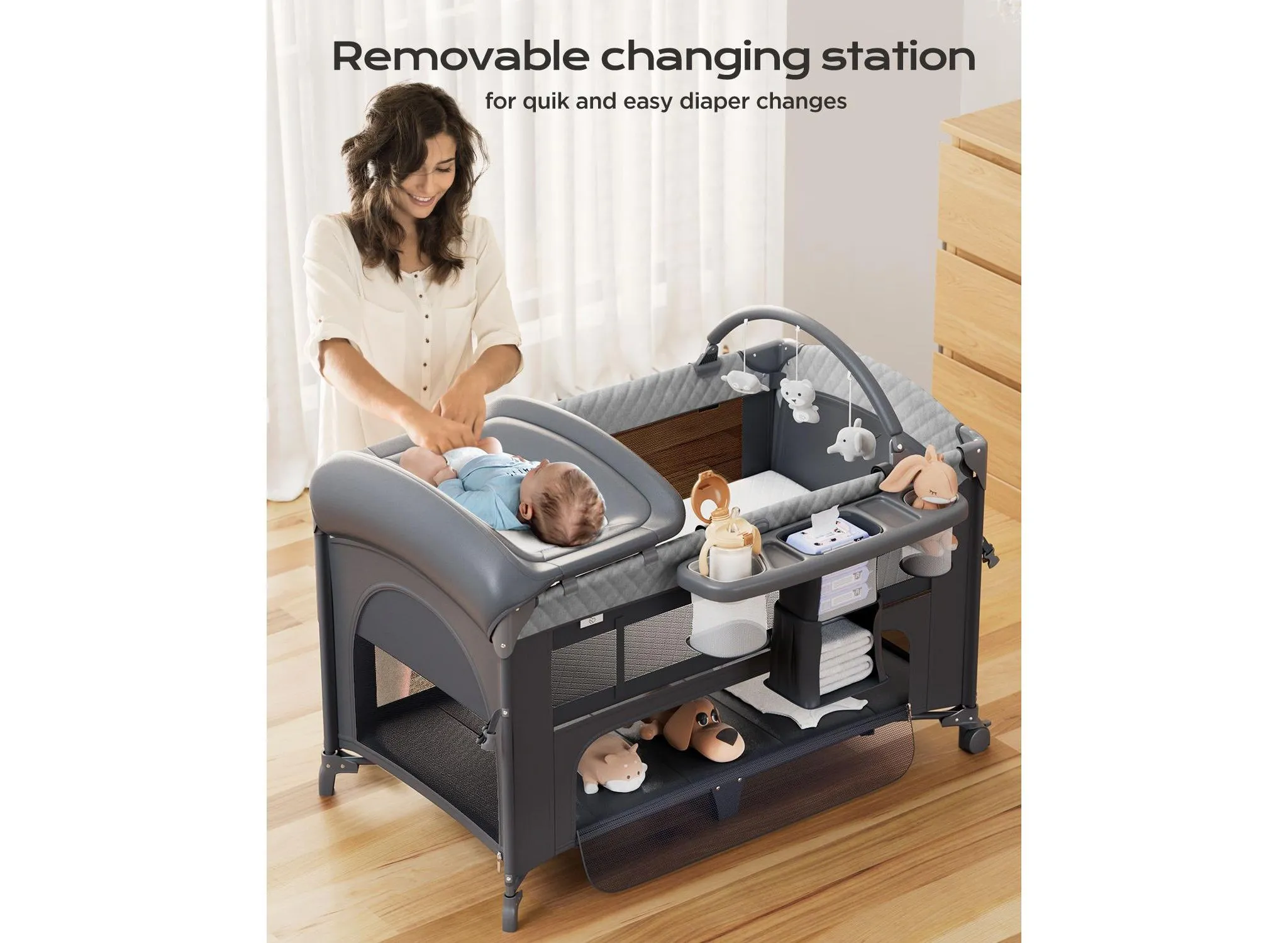 All in 1 Baby Bassinet Bedside Crib Portable Large Playard Pack and Play with Mattress, Mosquito Net, Bottom Storage(Gray) - Image 3