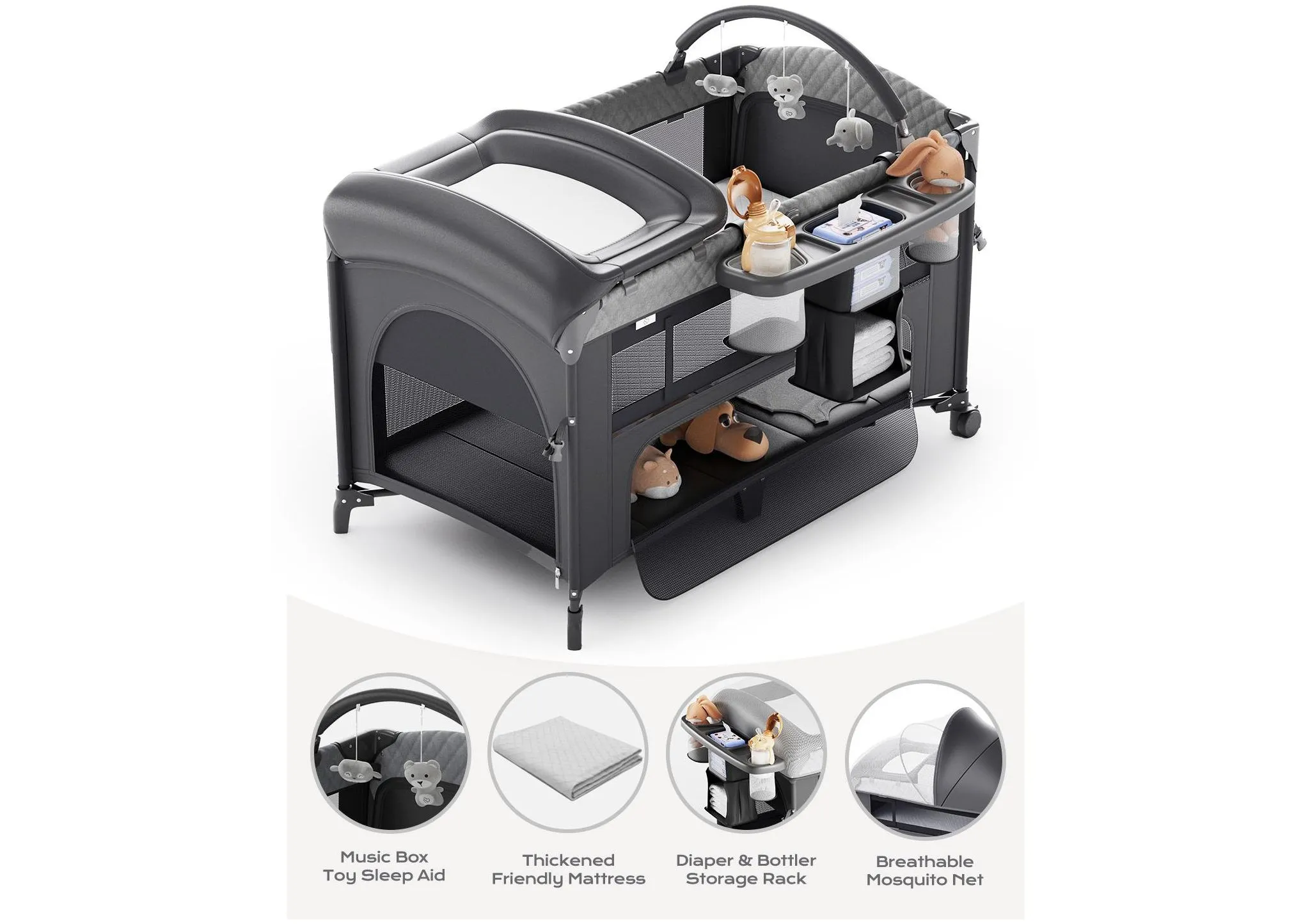 All in 1 Baby Bassinet Bedside Crib Portable Large Playard Pack and Play with Mattress, Mosquito Net, Bottom Storage(Gray) - Image 4