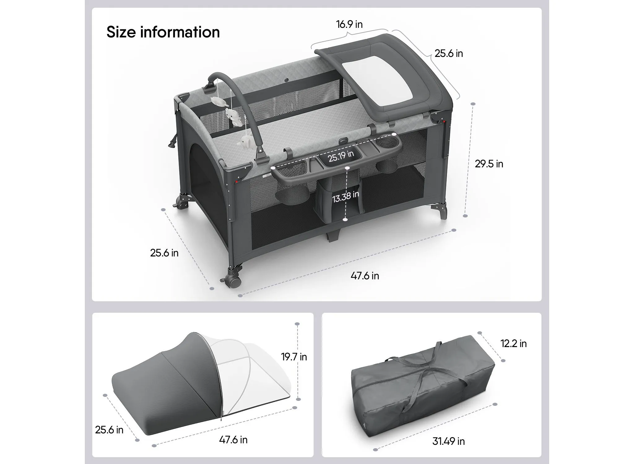 All in 1 Baby Bassinet Bedside Crib Portable Large Playard Pack and Play with Mattress, Mosquito Net, Bottom Storage(Gray) - Image 5