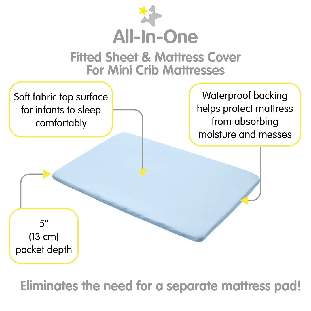 All-in-One Fitted Sheet & Waterproof Cover, for 38 X 24"/97 X 61 Cm Mini Crib Mattress, Light Blue (2-Pack) - Image 3