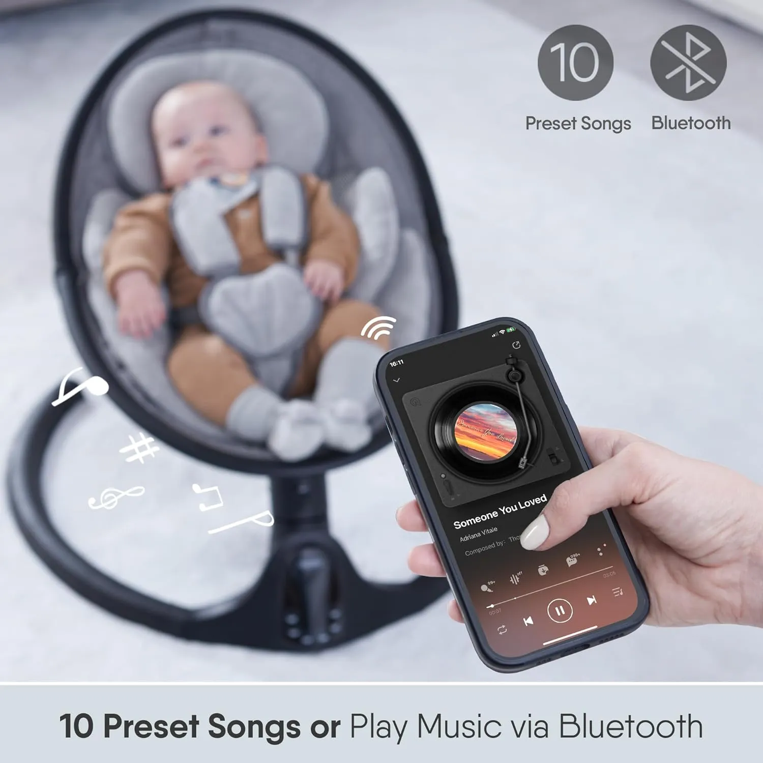 Baby Swings for Infants to Toddler | Bluetooth Baby Swing with 3 Seat Positions | 5 Natural Sway Motion | Bluetooth Music | 5-Point Harness | - Image 3