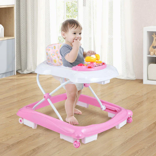 Foldable Baby Walker With 3 Adjustable Heights and Padded Seat-Pink - Image 10