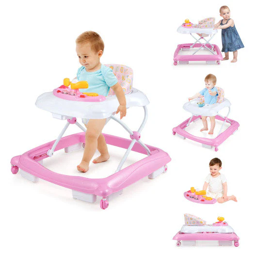 Foldable Baby Walker With 3 Adjustable Heights and Padded Seat-Pink - Image 12