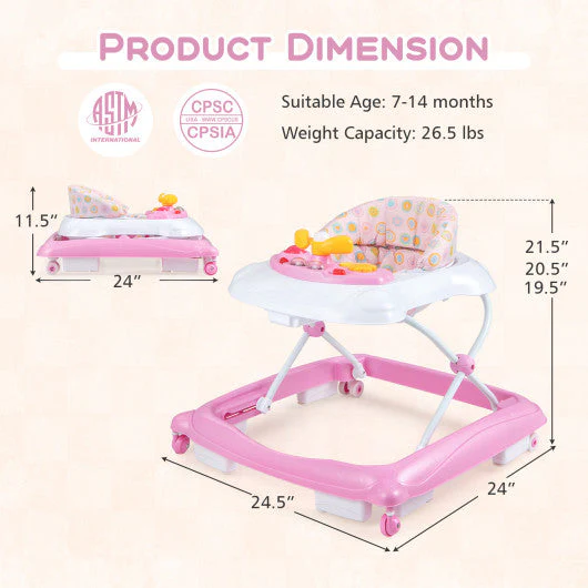 Foldable Baby Walker With 3 Adjustable Heights and Padded Seat-Pink - Image 13