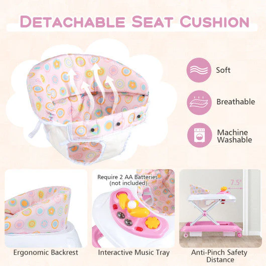 Foldable Baby Walker With 3 Adjustable Heights and Padded Seat-Pink - Image 15