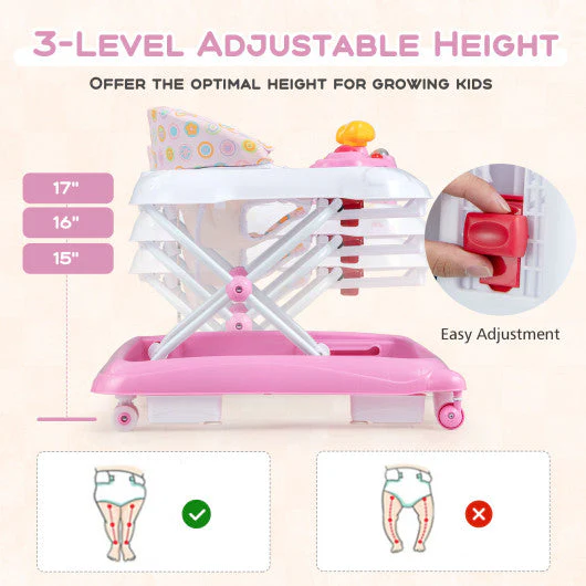Foldable Baby Walker With 3 Adjustable Heights and Padded Seat-Pink - Image 8