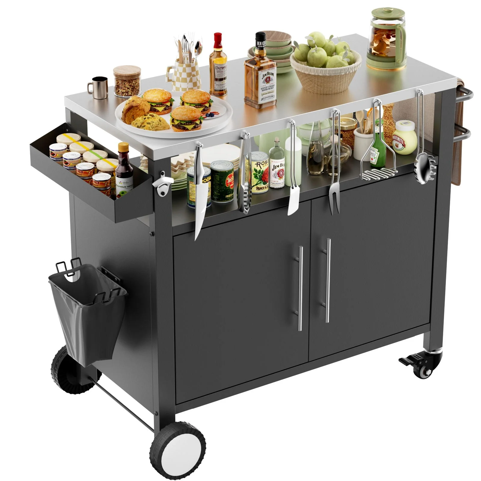 Outdoor Grill Cart With Storage, Rolling Bar Cart With Hooks and Spice Rack Stainless Steel - Image 4