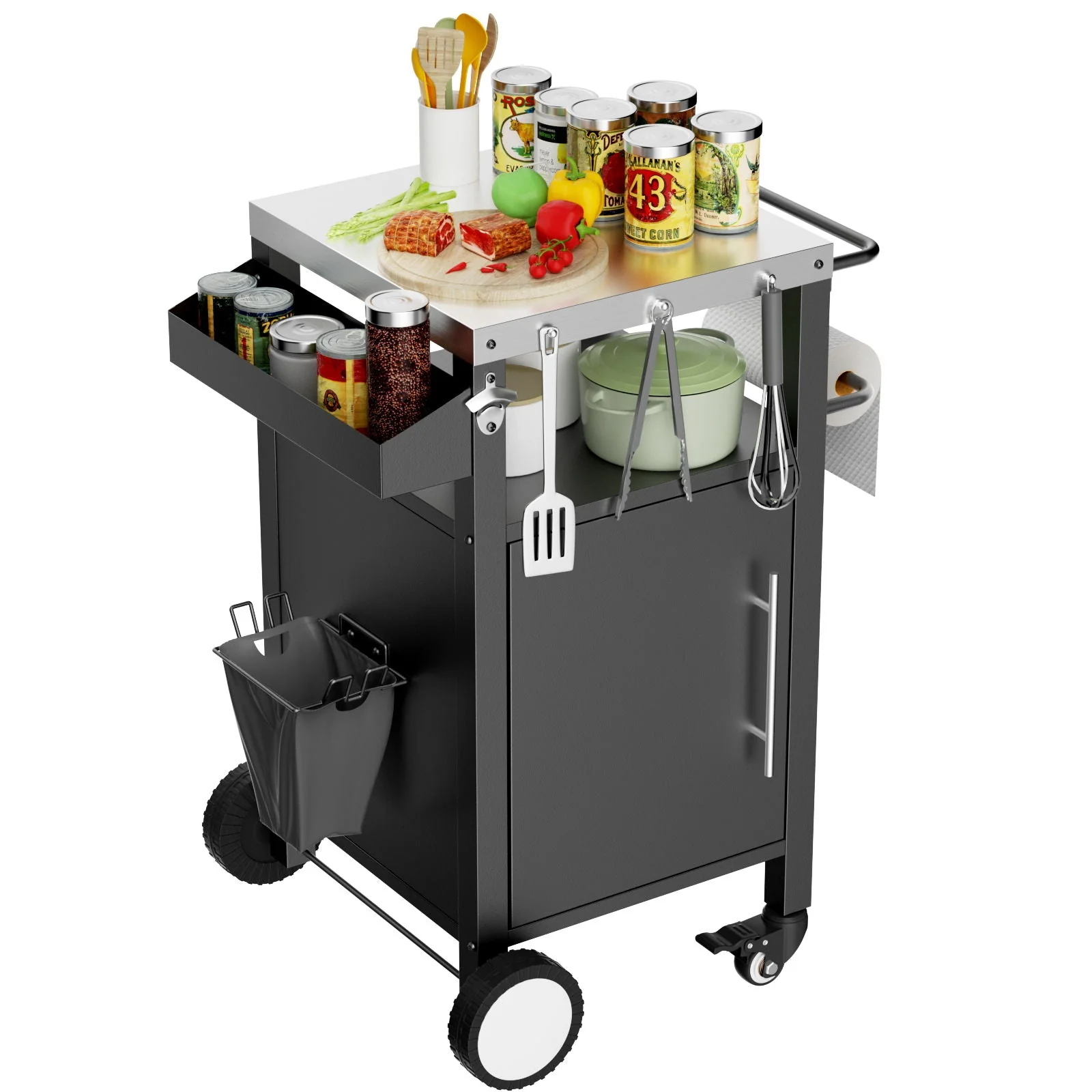 Outdoor Grill Cart With Storage, Rolling Bar Cart With Hooks and Spice Rack Stainless Steel - Image 5