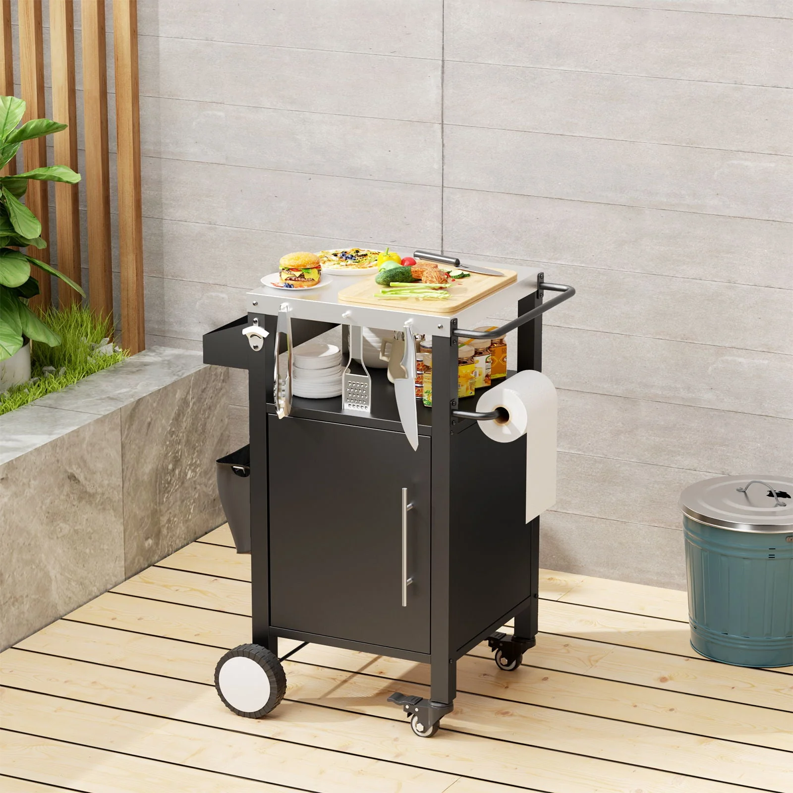 Outdoor Grill Cart With Storage, Rolling Bar Cart With Hooks and Spice Rack Stainless Steel - Image 8