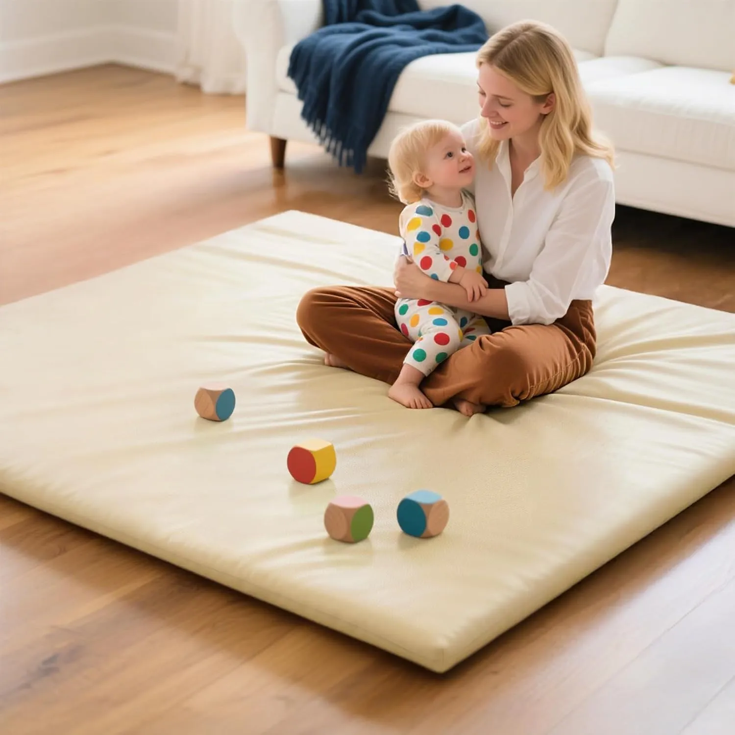 Thick Soft Non-Toxic Vegan Leather Baby Play Mat - 50x50 Waterproof Foam Mat in Beige - Image 3