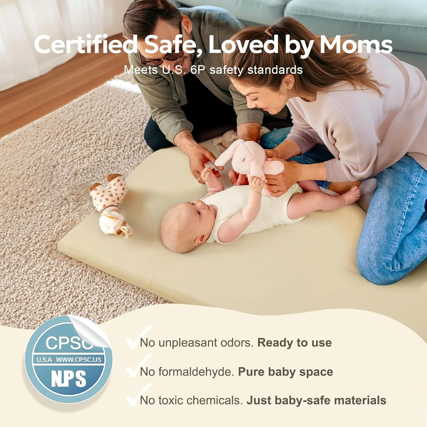 Thick Soft Non-Toxic Vegan Leather Baby Play Mat - 50x50 Waterproof Foam Mat in Beige - Image 5